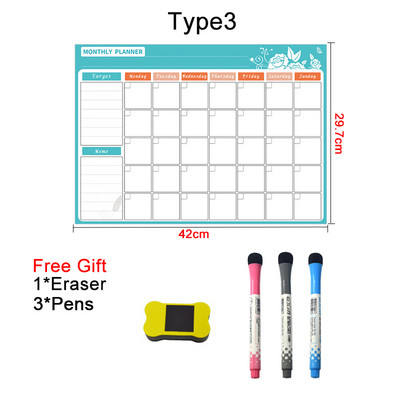 A3 размер Сухо изтриване Магнитен месечен седмичен календар Хладилник Маркери Бяла дъска, Изтриваем хладилник Ежедневна бележка, Списък със задачи