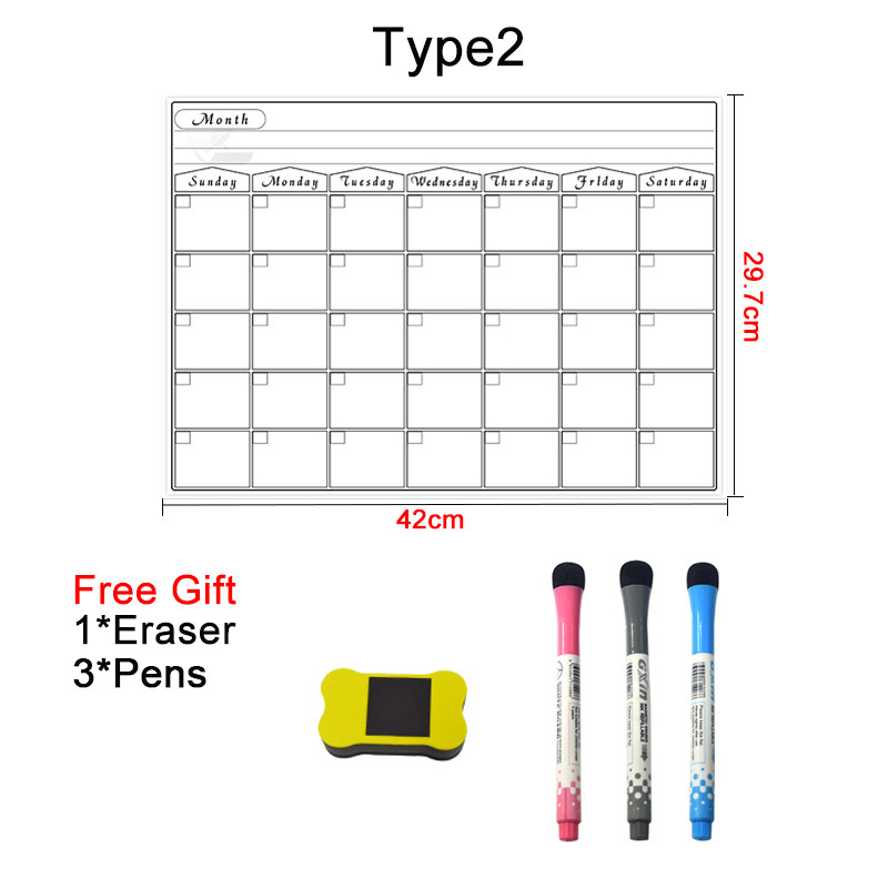 A3 размер Сухо изтриване Магнитен месечен седмичен календар Хладилник Маркери Бяла дъска, Изтриваем хладилник Ежедневна бележка, Списък със задачи