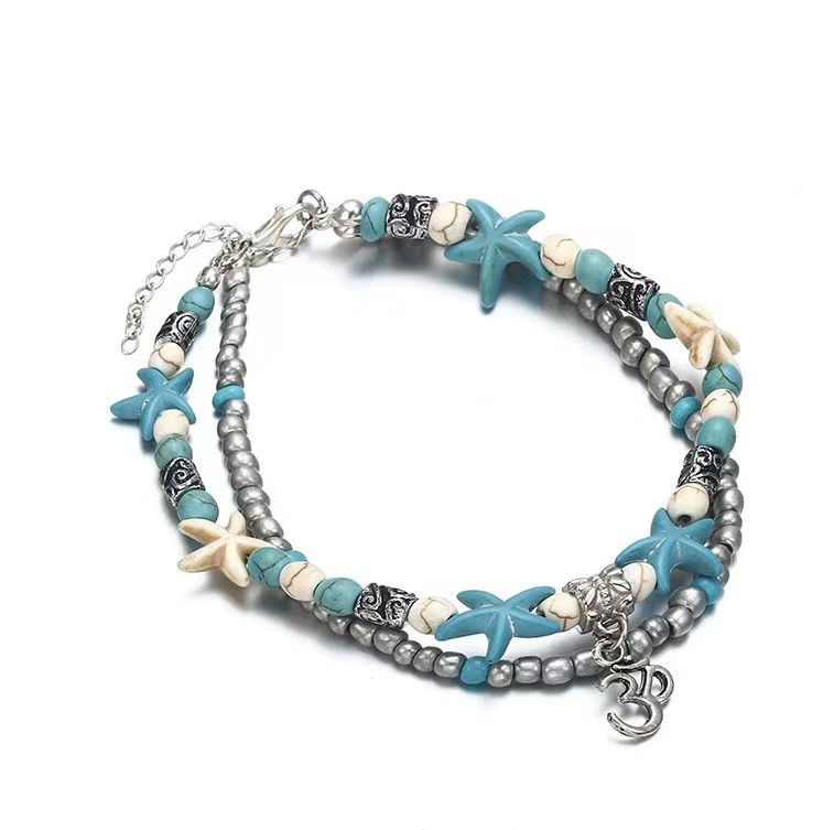 Πολυεπίπεδα ποδαράκια από κοχύλι αστερίας για γυναίκες Ρετρό μπόχο χάντρες Βραχιόλι με αλυσίδα στον αστράγαλο Κοσμήματα παραλίας