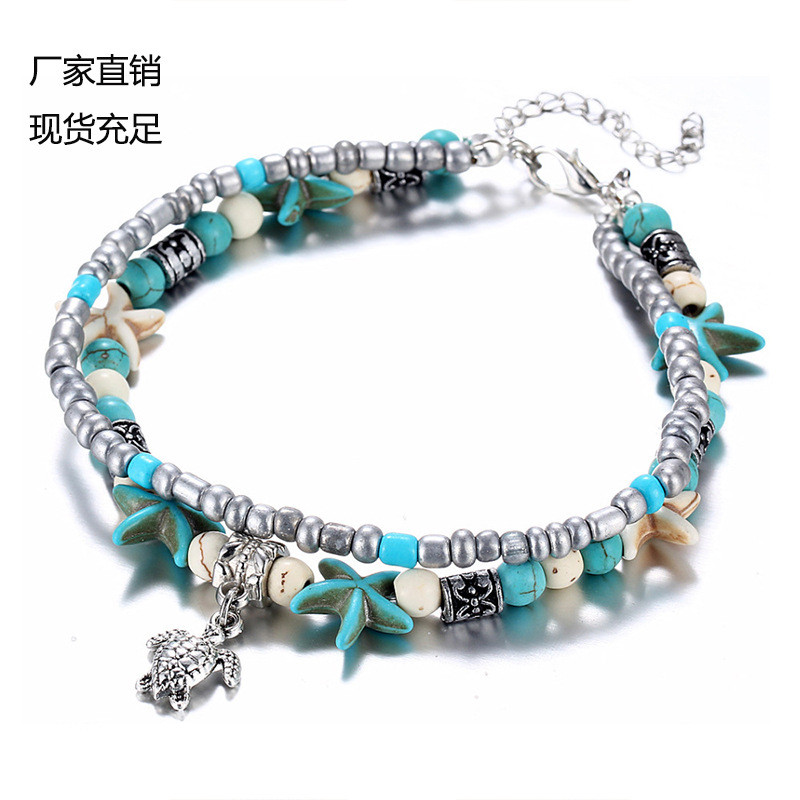 Πολυεπίπεδα ποδαράκια από κοχύλι αστερίας για γυναίκες Ρετρό μπόχο χάντρες Βραχιόλι με αλυσίδα στον αστράγαλο Κοσμήματα παραλίας