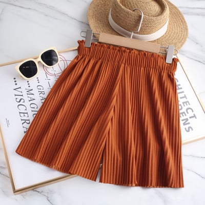 Nyári redőzött textúrájú csíkos rövidnadrág Női elasztikus, elasztikus derékfüggöny, alapszínű, alkalmi puha, egyenes jégselyem melegítőnadrág