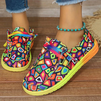 2024 Νέα Ethnic ντεγκραντέ παπούτσια καμβά Γυναικεία φθινοπωρινά casual ίσια παπούτσια Πολύχρωμα αθλητικά παπούτσια με κορδόνια 