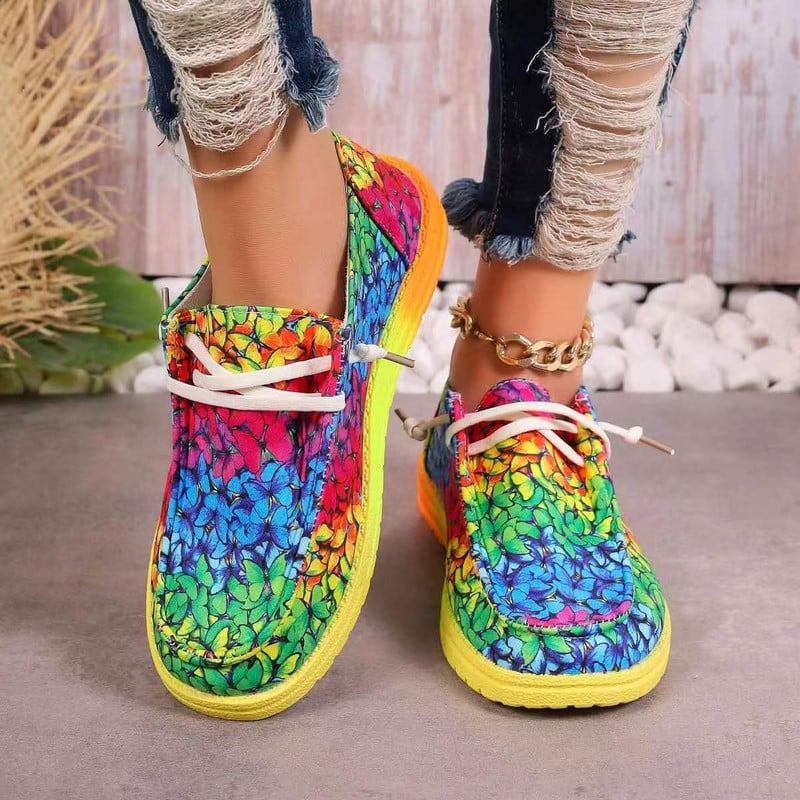 2024 Нови платнени обувки с етнически градиент  Дамски есенни ежедневни равни обувки  Многоцветни маратонки с връзки 
