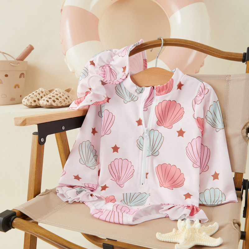 VISgogo Бебешки момичета Слънцезащитен бански костюм Бански гащеризон с дълъг ръкав Бански костюм с флорален принт и шапка 2 бр.