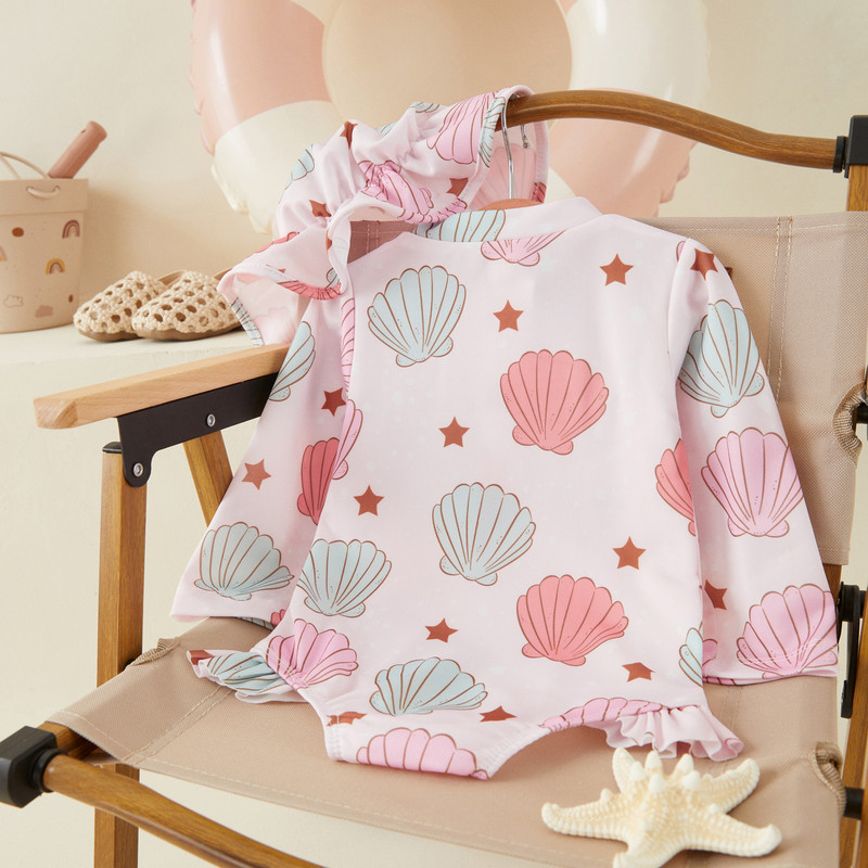 VISgogo Бебешки момичета Слънцезащитен бански костюм Бански гащеризон с дълъг ръкав Бански костюм с флорален принт и шапка 2 бр.