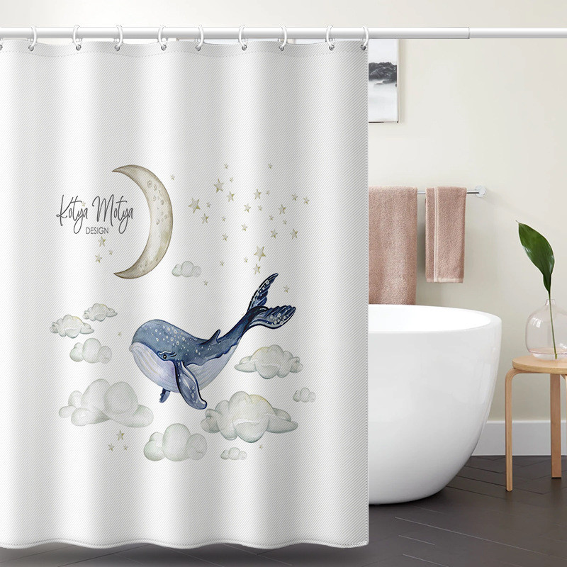 Poliészter rajzfilm bálna kézzel festett penészálló vízálló, fúrásmentes zuhanyfüggönyrúd fürdőszobai válaszfal függöny függöny függöny