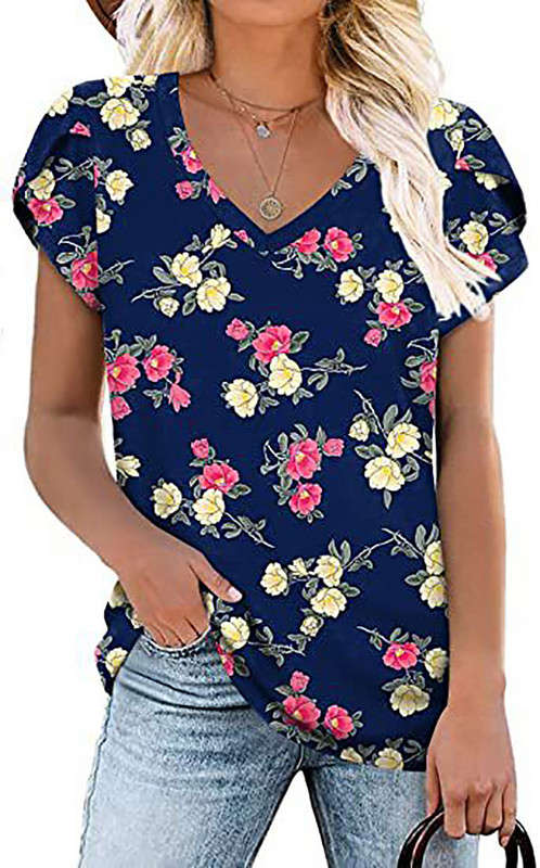 Női nyári digitális nyomtatású pólók, rövid ujjú, V-nyakú bő felsők