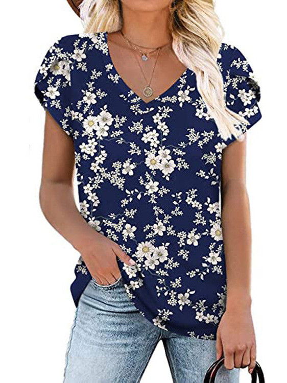 Női nyári digitális nyomtatású pólók, rövid ujjú, V-nyakú bő felsők