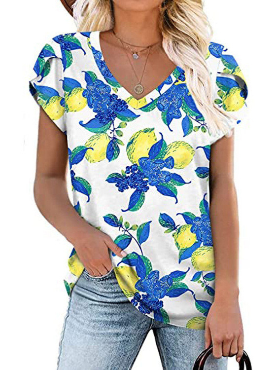 Női nyári digitális nyomtatású pólók, rövid ujjú, V-nyakú bő felsők