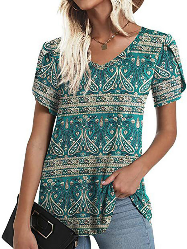 Női nyári digitális nyomtatású pólók, rövid ujjú, V-nyakú bő felsők