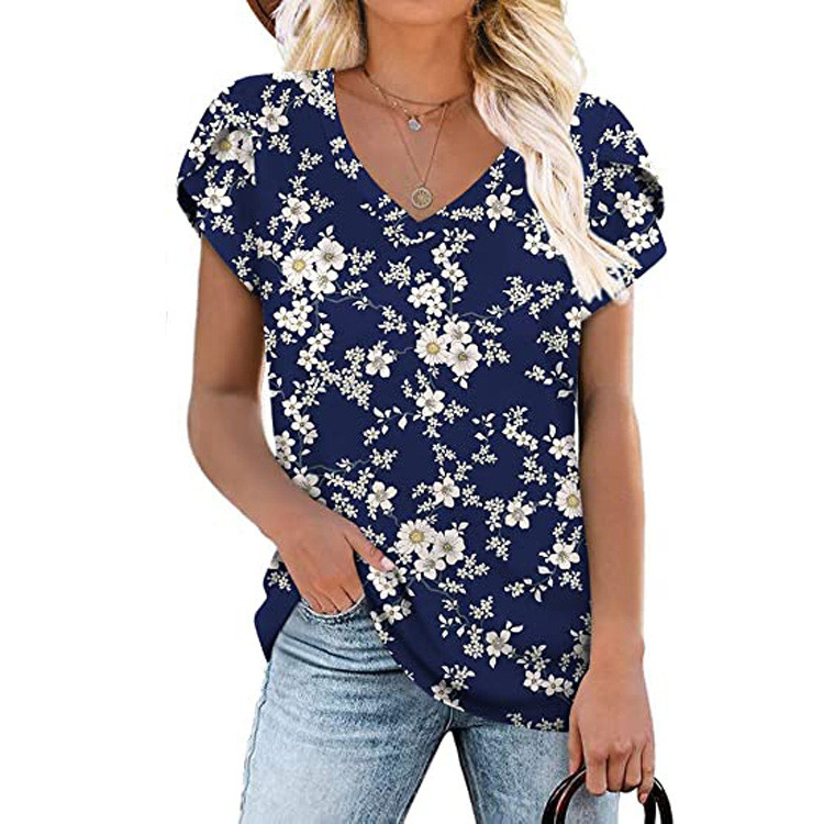 Női nyári digitális nyomtatású pólók, rövid ujjú, V-nyakú bő felsők
