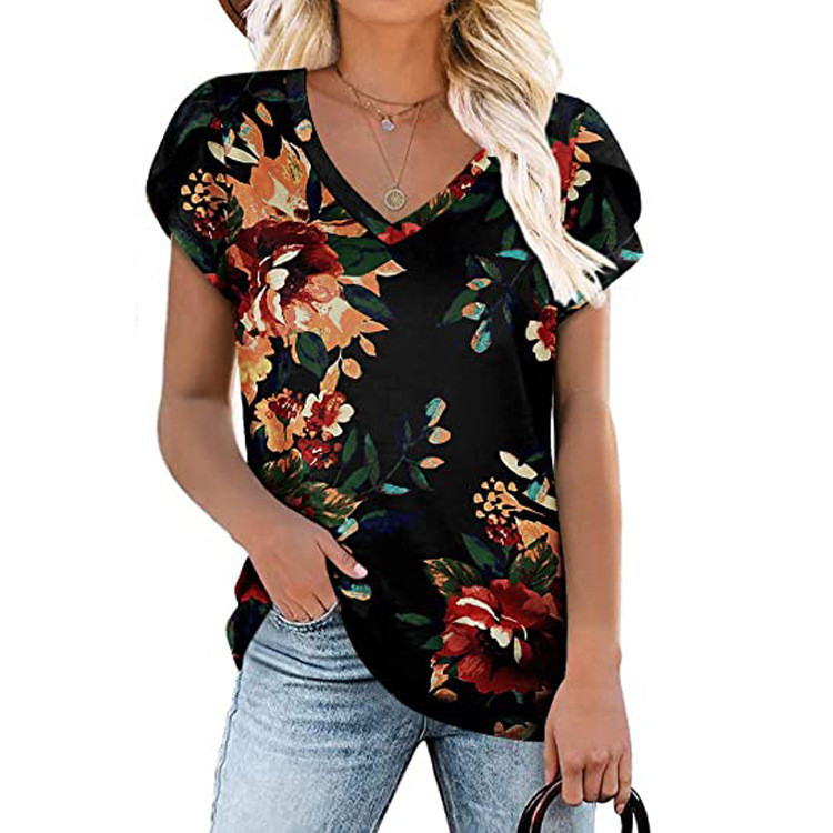 Női nyári digitális nyomtatású pólók, rövid ujjú, V-nyakú bő felsők