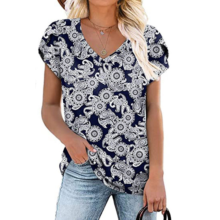 Női nyári digitális nyomtatású pólók, rövid ujjú, V-nyakú bő felsők
