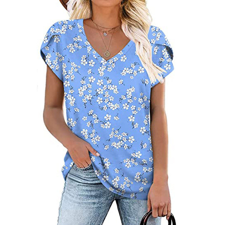 Női nyári digitális nyomtatású pólók, rövid ujjú, V-nyakú bő felsők