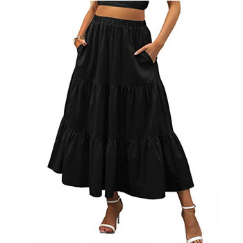 2022 Γυναικεία καλοκαιρινή μποέμ με πλισέ φούστα Flare με μακριά στρώματα με τσέπες