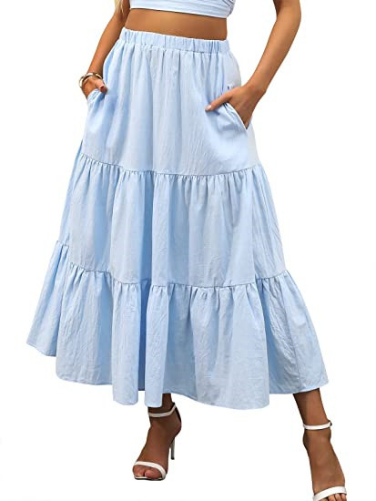 2022 г. Дамска лятна бохемска плисирана A-линия развяваща се дълга пола на пластове с джобове