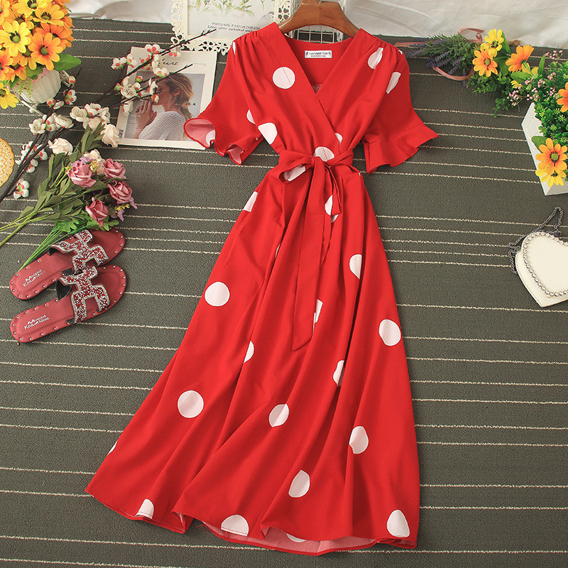  Рокля с V-образно деколте и щампи на точки с къс ръкав 2020 нова лятна универсален размер