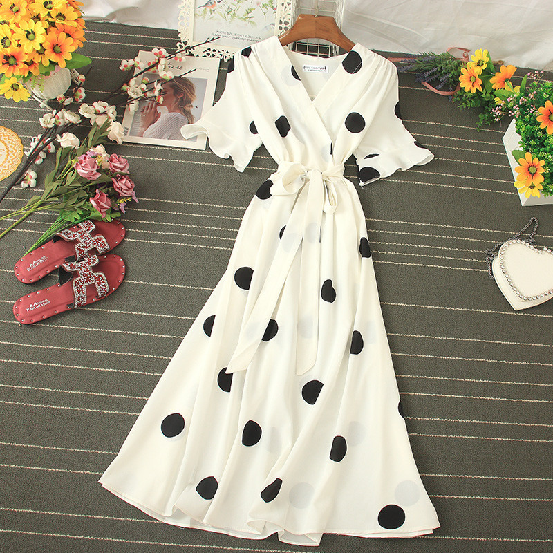  Рокля с V-образно деколте и щампи на точки с къс ръкав 2020 нова лятна универсален размер