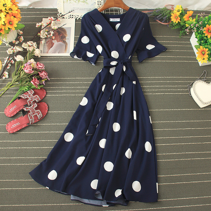  Рокля с V-образно деколте и щампи на точки с къс ръкав 2020 нова лятна универсален размер