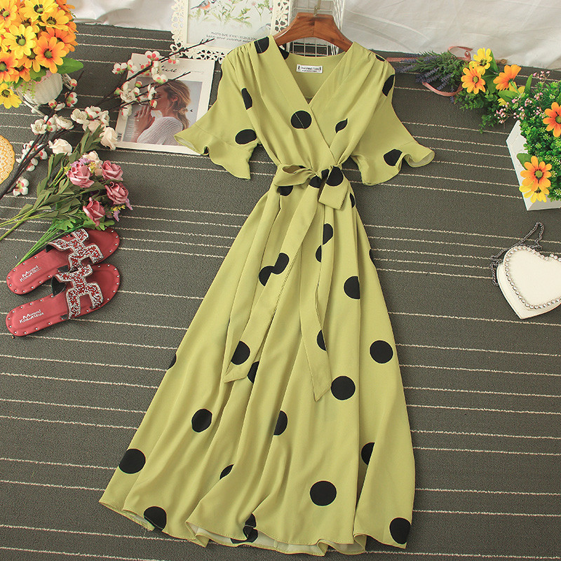  Рокля с V-образно деколте и щампи на точки с къс ръкав 2020 нова лятна универсален размер