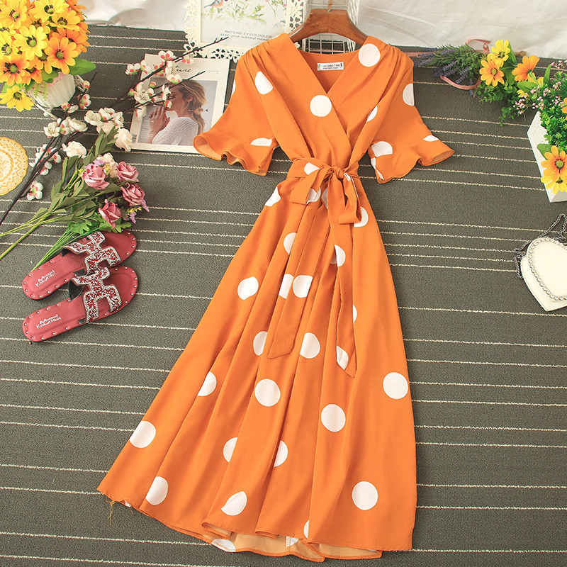  Рокля с V-образно деколте и щампи на точки с къс ръкав 2020 нова лятна универсален размер