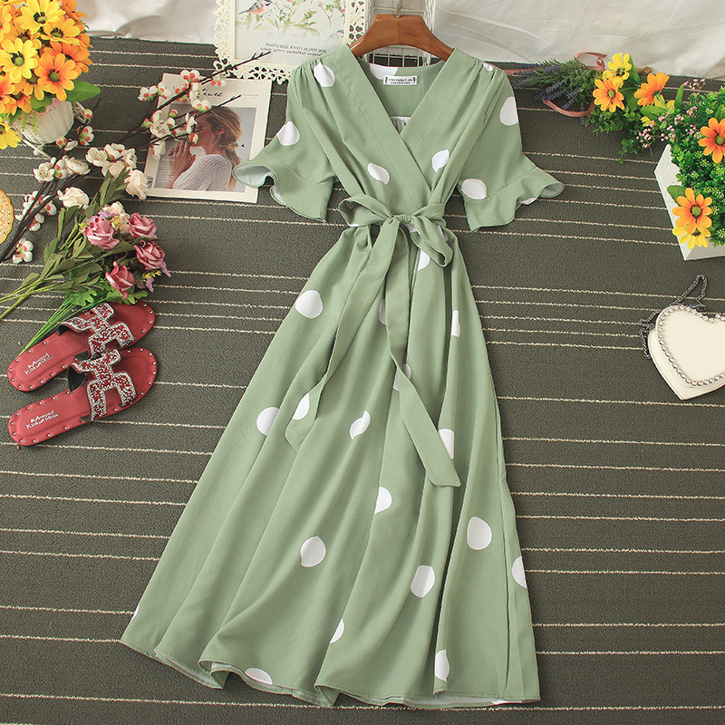  Рокля с V-образно деколте и щампи на точки с къс ръкав 2020 нова лятна универсален размер