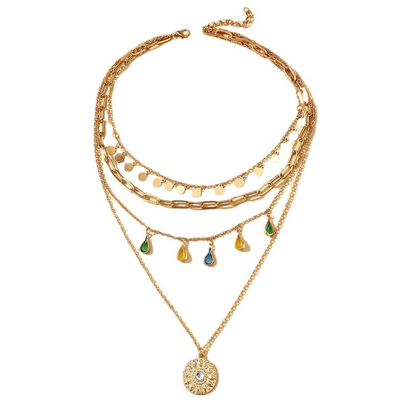 Európai és amerikai új geometrikus korongos bojt nyaklánc ötvözet csatos kristály bojt homorú és domború korongos medál 4 rétegű nyaklánc