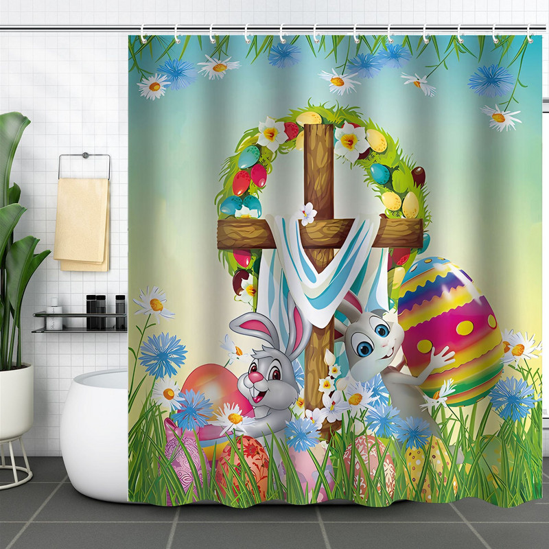 Завеса за душ Трансгранична търговия на едро с полиестер 3D цифров печат Завеса за душ Водоустойчива завеса за душ Великденско зайче Яйце Преграда за баня