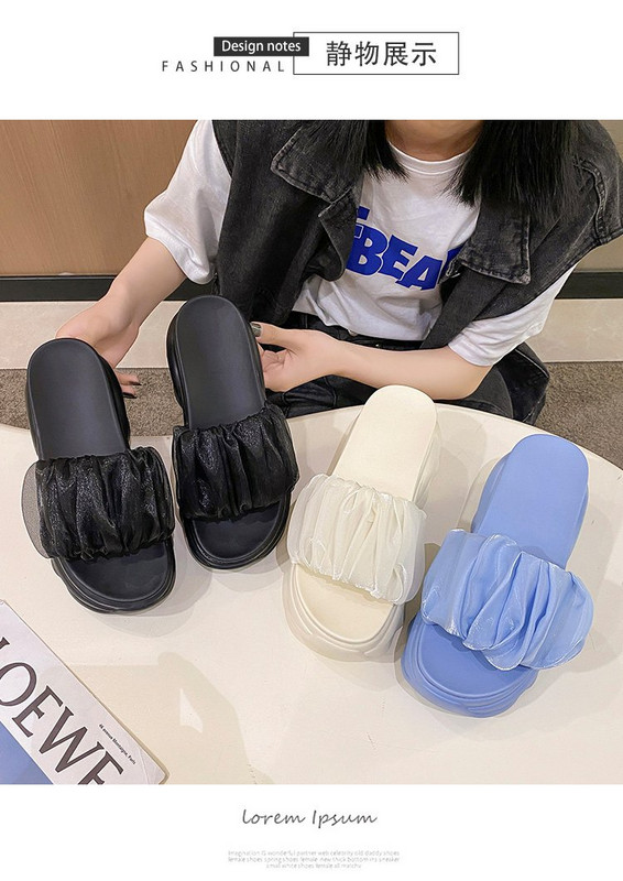 Малки чехли с дебела подметка за жени, които да носят навън Нови летни 2023 сатенени чехли на платформа 8,5см в корейски стил с висок ток