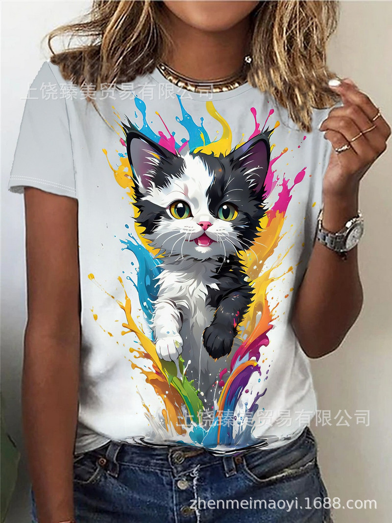 2024 трансгранична външна търговия пролет и лято малък флорален слънчоглед 3D отпечатан кръгло деколте с къси ръкави Най-продаваният европейски и американски модел за жени