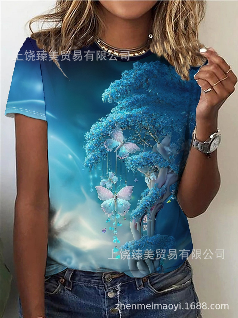 2024 трансгранична външна търговия пролет и лято малък флорален слънчоглед 3D отпечатан кръгло деколте с къси ръкави Най-продаваният европейски и американски модел за жени