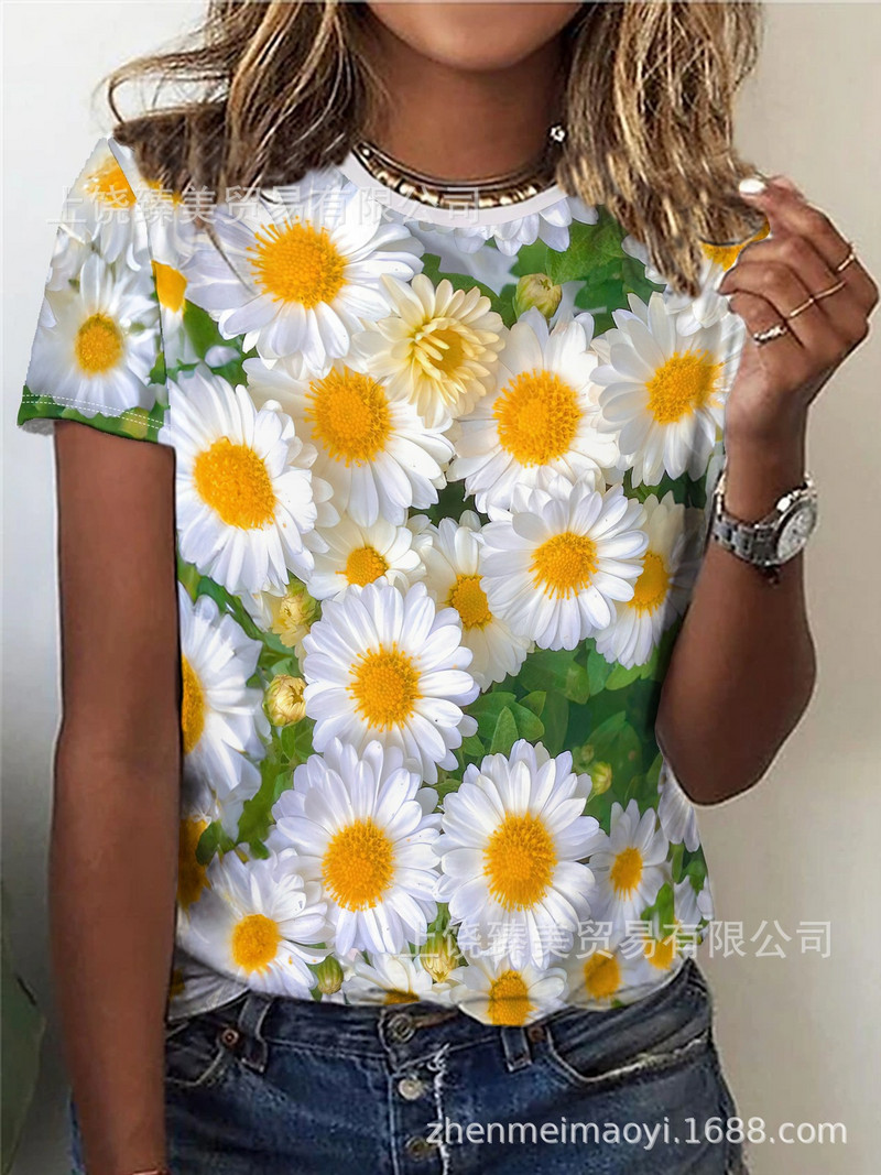 2024 трансгранична външна търговия пролет и лято малък флорален слънчоглед 3D отпечатан кръгло деколте с къси ръкави Най-продаваният европейски и американски модел за жени