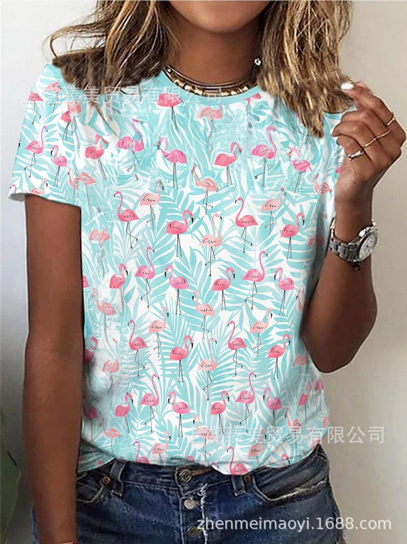 2024 трансгранична външна търговия пролет и лято малък флорален слънчоглед 3D отпечатан кръгло деколте с къси ръкави Най-продаваният европейски и американски модел за жени