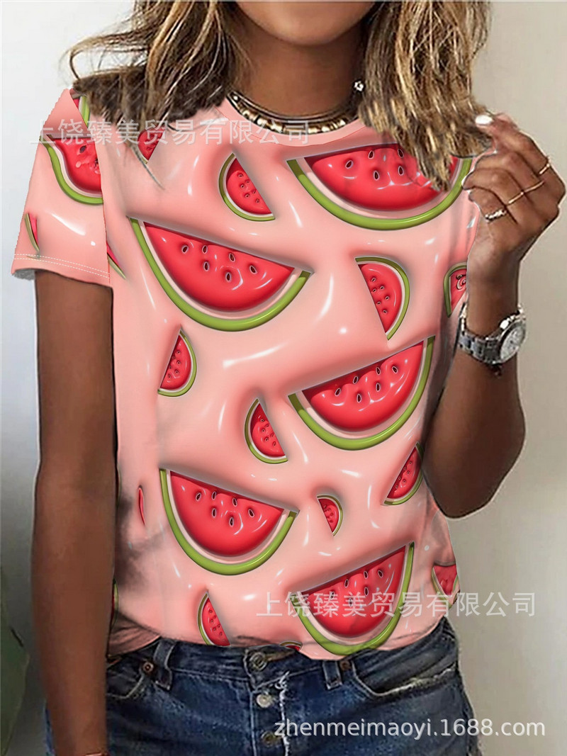 2024 трансгранична външна търговия пролет и лято малък флорален слънчоглед 3D отпечатан кръгло деколте с къси ръкави Най-продаваният европейски и американски модел за жени