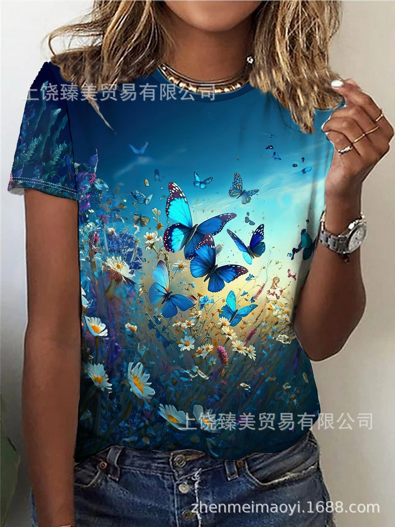 2024 трансгранична външна търговия пролет и лято малък флорален слънчоглед 3D отпечатан кръгло деколте с къси ръкави Най-продаваният европейски и американски модел за жени