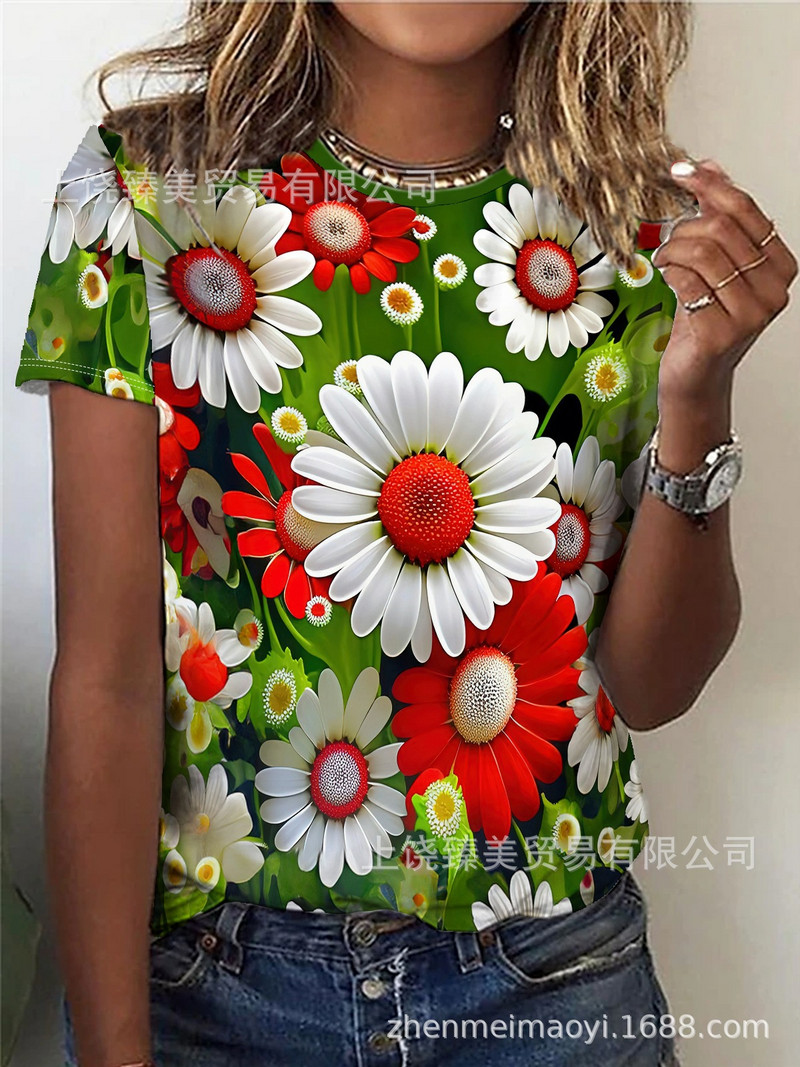 2024 трансгранична външна търговия пролет и лято малък флорален слънчоглед 3D отпечатан кръгло деколте с къси ръкави Най-продаваният европейски и американски модел за жени