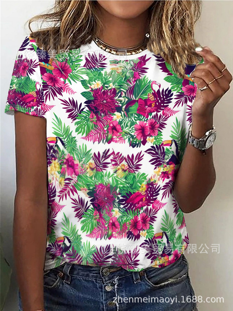 2024 трансгранична външна търговия пролет и лято малък флорален слънчоглед 3D отпечатан кръгло деколте с къси ръкави Най-продаваният европейски и американски модел за жени