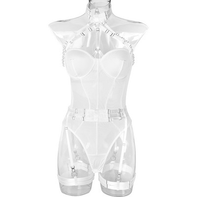 Erotski mrežasti patchwork Bodycon Ženski halter s lancem Seksi pornografski prozirno donje rublje Bodi s visokim nogavicama Senzualne tajice Mujer