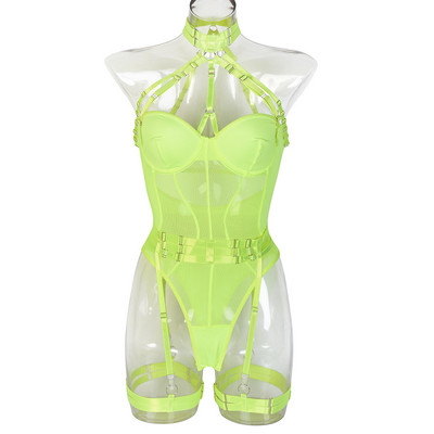 Erotski mrežasti patchwork Bodycon Ženski halter s lancem Seksi pornografski prozirno donje rublje Bodi s visokim nogavicama Senzualne tajice Mujer