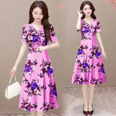 Nyári kauzális ruha 2023 divatos temperamentum női nyomtatott vékony V-nyakú, rövid ujjú, A-vonalú térdig érő koreai túlméretezett 5XL