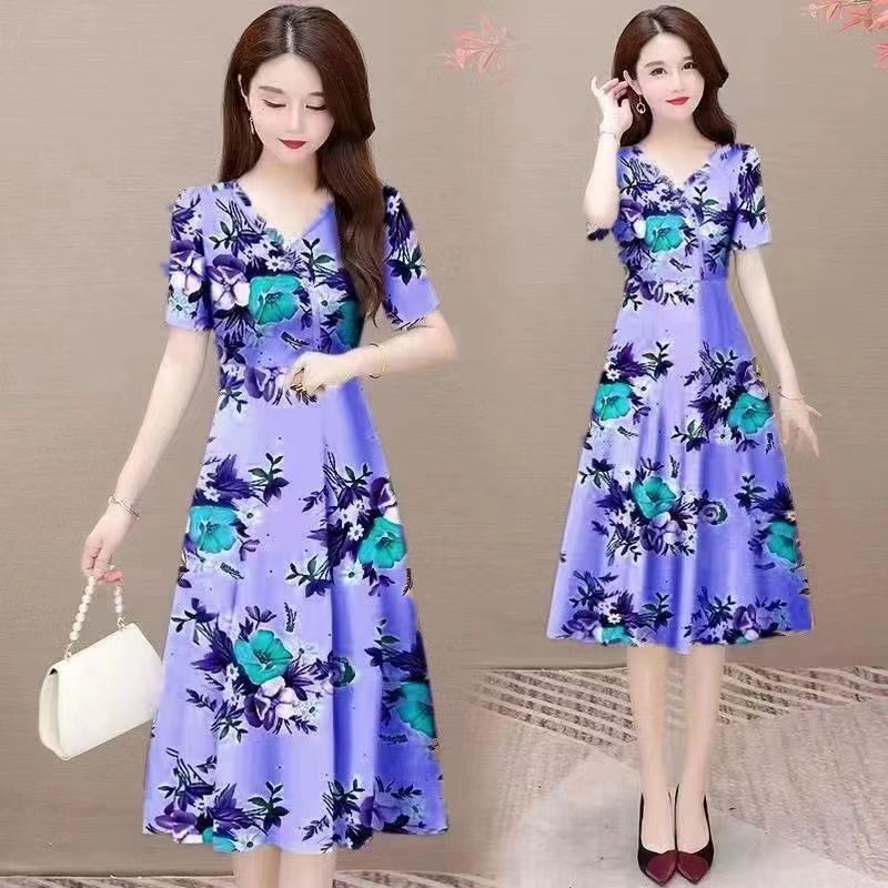 Nyári kauzális ruha 2023 divatos temperamentum női nyomtatott vékony V-nyakú, rövid ujjú, A-vonalú térdig érő koreai túlméretezett 5XL