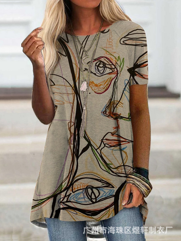 Határon átnyúló európai és amerikai kívánságok 2023-ban, női etnikai stílusú rövid ujjú póló, bő nyomtatás