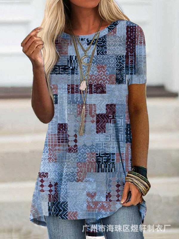 Határon átnyúló európai és amerikai kívánságok 2023-ban, női etnikai stílusú rövid ujjú póló, bő nyomtatás