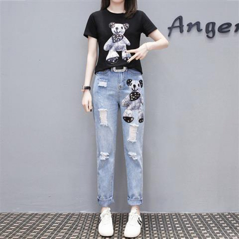 Единична част/комплект Тениска с къс ръкав с карикатура + скъсани дънки за жени 2024 пролет и нов моден летен комплект от две части