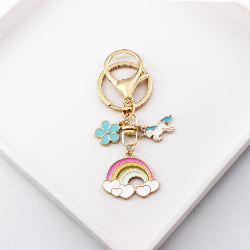 Unikornis kulcstartó aranyos virág felhő szivárvány fém csöpögő olaj kulcs medál kreatív táska medál