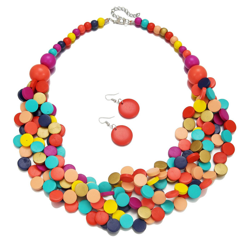 Κολιέ και σκουλαρίκια με στρώσεις με ακανόνιστα τσιπς ξύλου Ethnic Style Αλυσίδα πουλόβερ Κολιέ με κοσμήματα δεξιώσεων