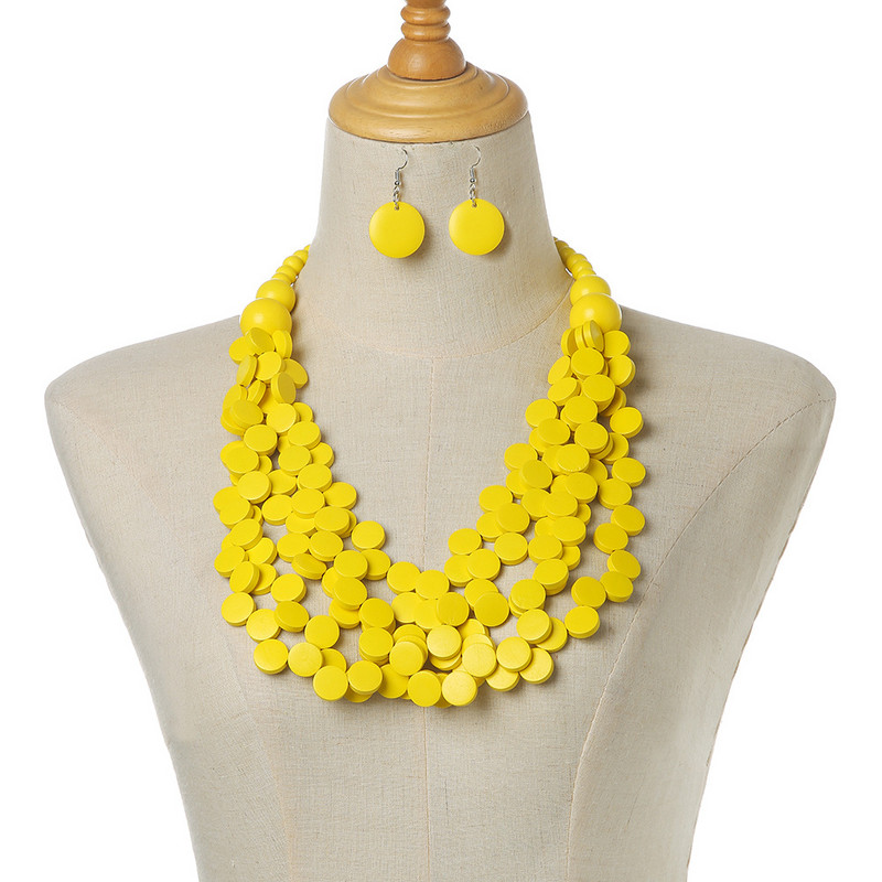 Κολιέ και σκουλαρίκια με στρώσεις με ακανόνιστα τσιπς ξύλου Ethnic Style Αλυσίδα πουλόβερ Κολιέ με κοσμήματα δεξιώσεων