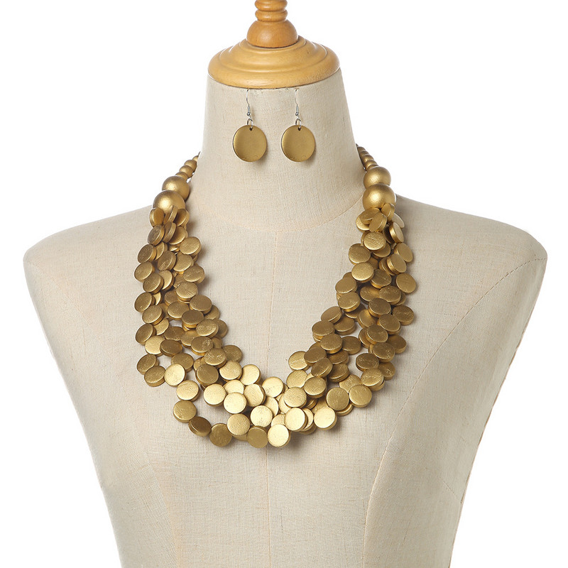 Κολιέ και σκουλαρίκια με στρώσεις με ακανόνιστα τσιπς ξύλου Ethnic Style Αλυσίδα πουλόβερ Κολιέ με κοσμήματα δεξιώσεων