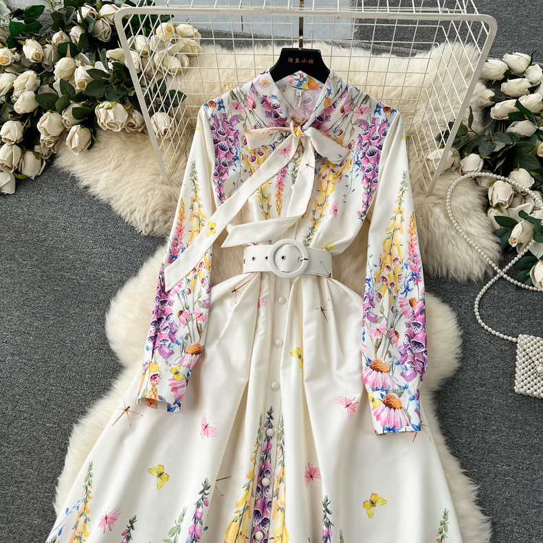 Френска ретро рокля в дворцов стил, тънка, дълга рокля с щампи от висок клас, папийонка и яка