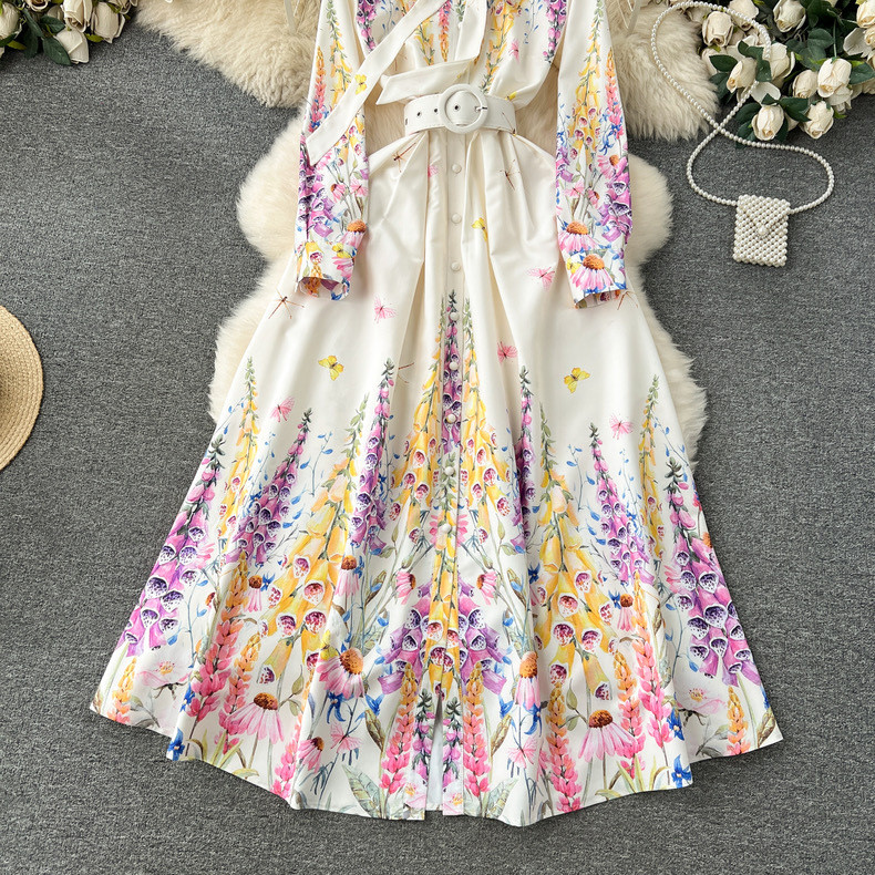 Френска ретро рокля в дворцов стил, тънка, дълга рокля с щампи от висок клас, папийонка и яка